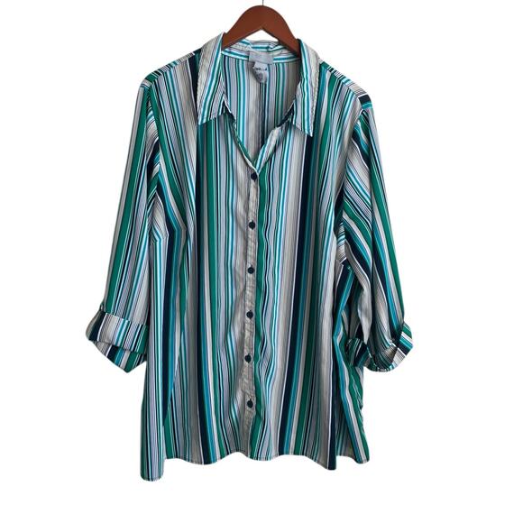 Catherines Women Tunic Top 3X Striped Cuffed Sleeve Button Up Comfort Office - Picture 1 of 9